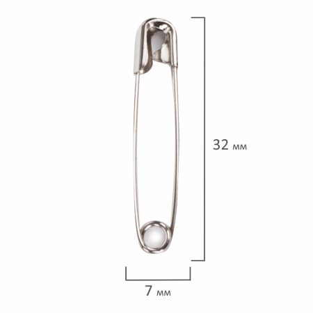 Булавки английские BRAUBERG, 32 мм, никелированные, 50 шт., в пластиковой коробке с европодвесом, 223970 - Булавки