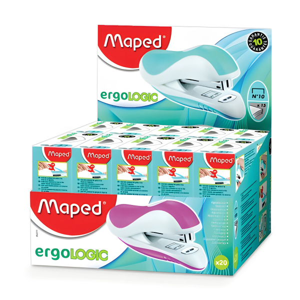 Степлер №10 MAPED (Франция) "Ergologic", до 15 листов, с контейнером для скоб и антистеплером, ассорти, 352211 - Степлеры настольные