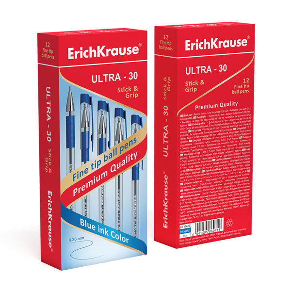 Ручка шариковая масляная с грипом ERICH KRAUSE "Ultra-30", СИНЯЯ, корпус прозрачный, узел 0,7 мм, линия письма 0,26 мм, 19613 - Ручки шариковые неавтоматические