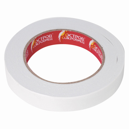 Клейкая двухсторонняя лента 19 мм*5 м, НА ВСПЕНЕННОЙ ОСНОВЕ 1 мм, ОСТРОВ СОКРОВИЩ - Клейкие ленты канцелярские