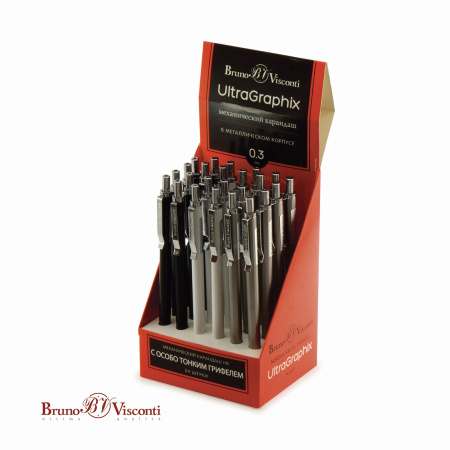 Карандаш механический BRUNO VISCONTI UltraGraphix, металлический корпус ассорти, 0,3 мм, ластик, 21-0033 - Карандаши механические