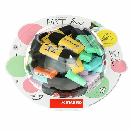 Текстовыделитель STABILO "Boss Mini PastelLove", АССОРТИ В ПЛАСТИКОВОЙ БАНКЕ, линия 2-5 мм, 07/50-07 - Текстовыделители