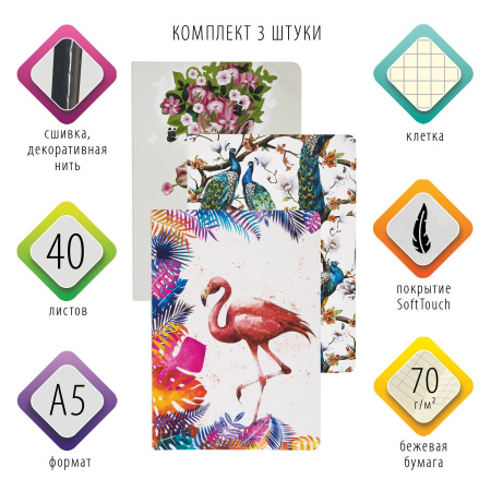 Тетради 40 л. в клетку обложка SoftTouch, НАБОР 3 шт., бежевая бумага 70 г/м2, сшивка, А5 (147х210 мм), SUMMER, BRAUBERG, 403793 - Тетради 40-48 листов