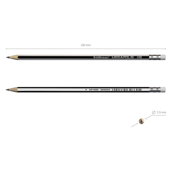Карандаш чернографитный ERICH KRAUSE, 1 шт., "Megapolis", HB, с ластиком, корпус серебристый, заточенный, 32860 - Карандаши чернографитные