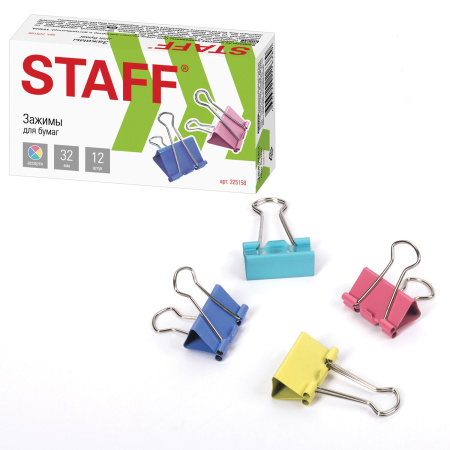 Зажимы для бумаг STAFF "Profit", КОМПЛЕКТ 12 шт., 32 мм, на 140 листов, цветные, картонная коробка, 225158 - Зажимы для бумаг