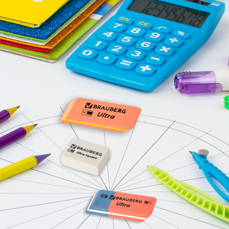 Ластики BRAUBERG "Ultra Mix" 9 шт., размер ластика 41х14х8 мм/29х18х8 мм, натуральный каучук, 229604 - Ластики классические
