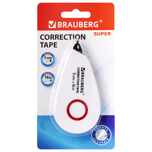 Корректирующая лента BRAUBERG SUPER, 5 мм х 16 м, корпус белый, блистер, 229061 - Корректирующие ленты