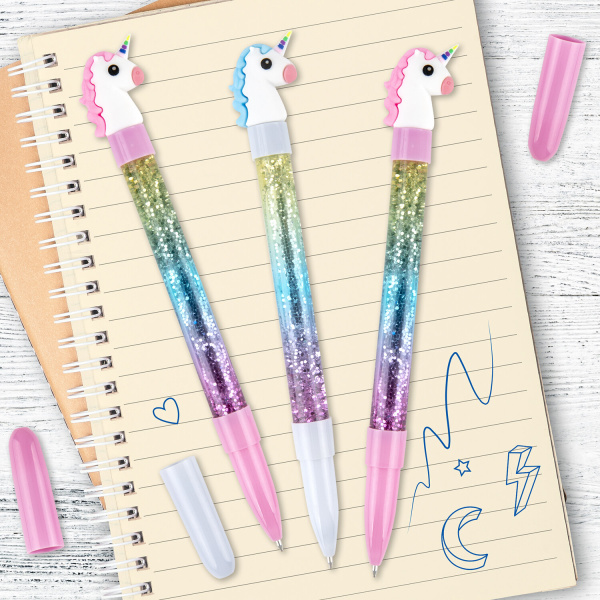 Ручка с топпером и блестками шариковая ЮНЛАНДИЯ "Единорог", детали ассорти, СИНЯЯ, пишущий узел 0,7 мм, 1 шт, 143791