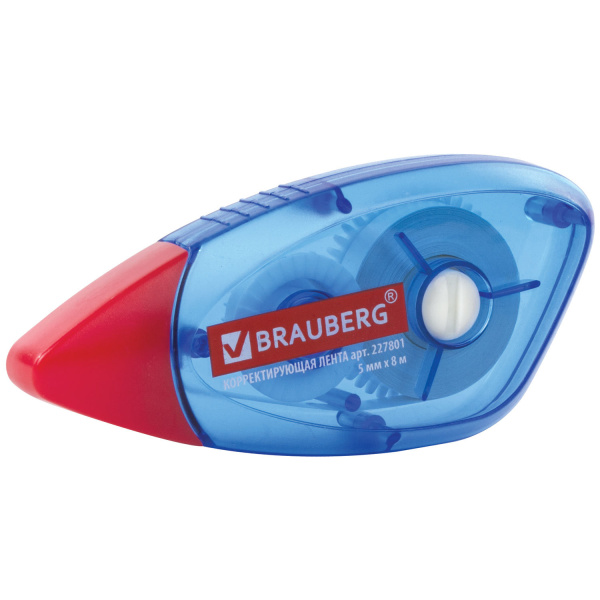 Корректирующая лента BRAUBERG 5 мм х 8 м, корпус синий, механизм перемотки, блистер, 227801 - Корректирующие ленты
