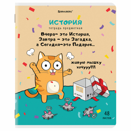 Тетрадь предметная "КОТ-ЭНТУЗИАСТ" 48 л., TWIN-лак, ИСТОРИЯ, клетка, подсказ, BRAUBERG, 404563 - Тетради предметные