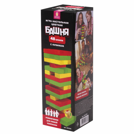 Игра настольная "ЦВЕТНАЯ БАШНЯ", 48 окрашенных деревянных блоков + кубик, ЗОЛОТАЯ СКАЗКА, 662295 - Настольные игры