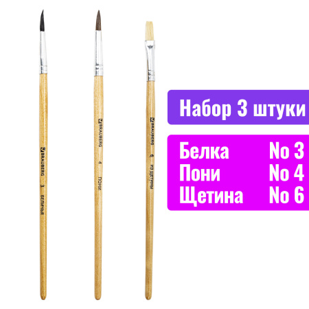 Кисти BRAUBERG, набор 3 шт. (белка, круглая № 3; пони, круглая № 4; щетина, плоская № 6), блистер, 200224 - Кисти для рисования