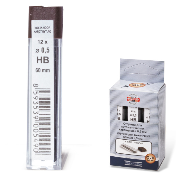 Грифели запасные 0,5 мм, HB, KOH-I-NOOR, КОМПЛЕКТ 12 шт., 4152/НВ, 41520HB005PKRU - Грифели для механических карандашей