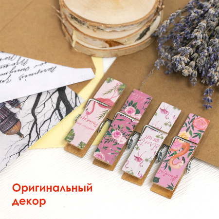 Прищепки декоративные широкие "Фламинго", 4 штуки, 7,2 см, ассорти, ОСТРОВ СОКРОВИЩ, 662678 - Прищепки для творчества