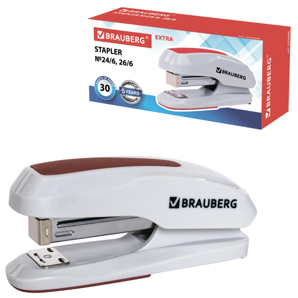 Степлер №24/6, 26/6 BRAUBERG "Extra", до 30 листов, серо-красный, 229088 - Степлеры настольные