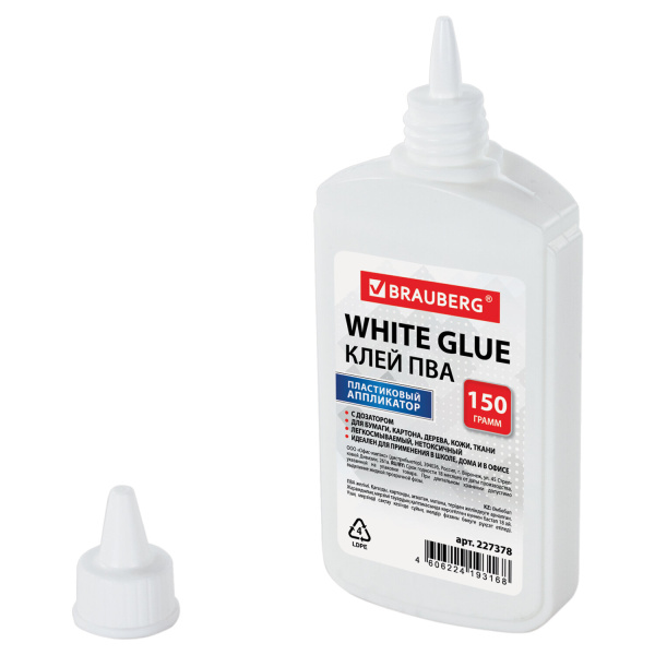 Клей ПВА BRAUBERG (бумага, картон, дерево), 150 г, 227378 - Клей ПВА