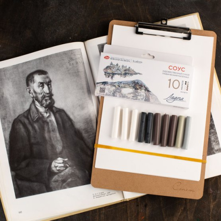 Набор сухих художественных графических материалов "Ладога": соус ассорти цветов 10 мелков - Мел, графит, сепия, сангина, соус, уголь художественные