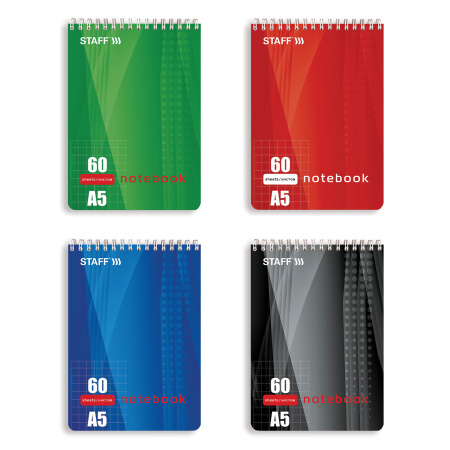 Блокнот А5 146х205 мм, 60 л., гребень, жесткая подложка, клетка, STAFF, 4 вида, 126539
