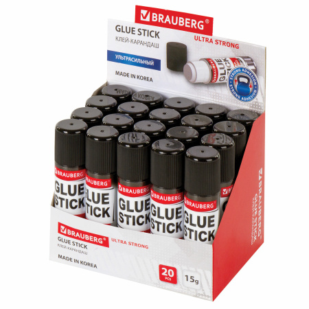 Клей-карандаш BRAUBERG ULTRA STRONG, УСИЛЕННАЯ ФОРМУЛА, 15 г, ЮЖНАЯ КОРЕЯ, 229545 - Клей-карандаш