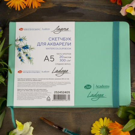 Скетчбук для акварели "Ладога", мятный, 300 г/м2, А5, 100 % хлопок, 20 листов, среднее зерно - Альбомы и бумага для акварели и масла