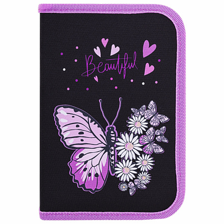 Пенал BRAUBERG с наполнением, 1 отделение, 1 откидная планка, 24 предмета, 21х14 см, "Flower butterfly", 271524 - Пеналы с наполнением