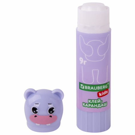 Клей-карандаш "Пастельные зверята: мышка, тигр, бегемот", 9 г, фигурный колпачок, BRAUBERG KIDS, 271140 - Клей-карандаш