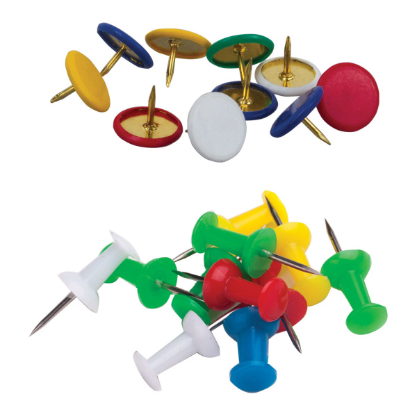 Набор ОФИСМАГ, силовые кнопки-гвоздики ассорти 50 шт., кнопки канцелярские цветные 50 шт., блистер, 226253 - Наборы канцелярских мелочей