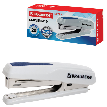 Степлер №10 BRAUBERG "Extra", до 20 листов, антистеплер, серо-синий, 229081 - Степлеры настольные