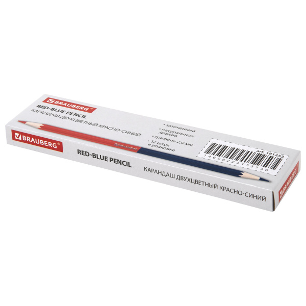 Карандаш двухцветный красно-синий, BRAUBERG, заточенный, грифель 2,9 мм, 181253 - Карандаши специальные