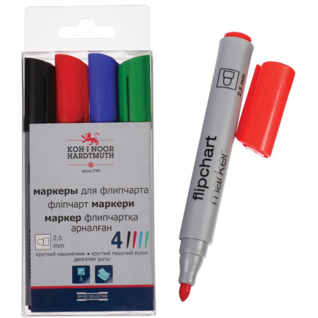 Маркеры для бумажного флипчарта KOH-I-NOOR, НАБОР 4 ЦВЕТА, НЕПРОПИТЫВАЮЩИЕ, 2,5 мм, 771405JD03PKRU - Маркеры для флипчартов