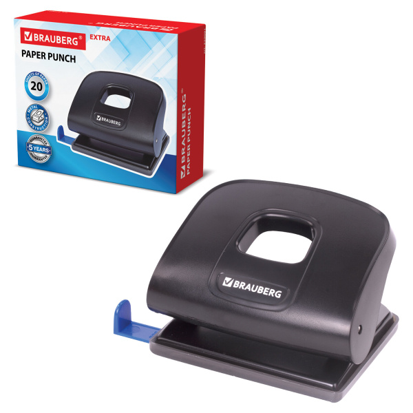 Дырокол BRAUBERG "Extra", до 20 листов, черный, 229091 - Дыроколы настольные