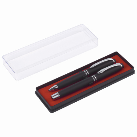 Набор ручек подарочных BRAUBERG Duetto, СИНИЕ, 2 шт: шариковая, перьевая, черный с хромированными деталями, 143478 - Ручки бизнес-класса