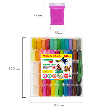 Пластилин супер лёгкий воздушный застывающий 60 шт. (36 цветов + 2 х 12 базовых), 600 г, 3 стека, BRAUBERG KIDS, 106311 - Пластилин