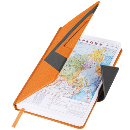 Ежедневник недатированный А5 138x213 мм BRAUBERG "Waves" под кожу, застежка 160 л., оранжевый/черный, 111878 - Ежедневники с покрытием "под кожу и ткань"