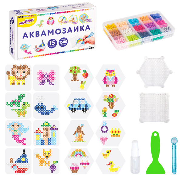 Аквамозаика, 15 цветов, 1500 бусин, в колорбоксе, ЮНЛАНДИЯ, 663778 - Аквамозайка