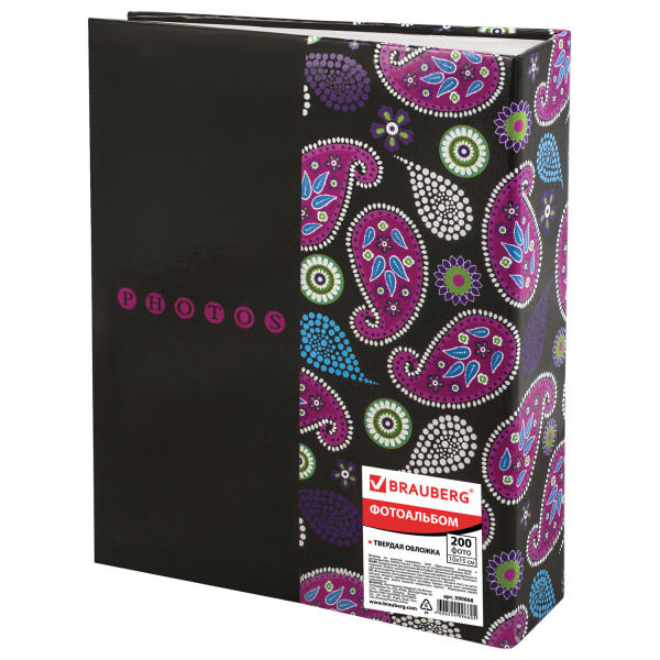 Фотоальбом BRAUBERG на 200 фотографий 10х15 см, твердая обложка, "Пейсли", черный с розовым, 390668 - Фотоальбомы