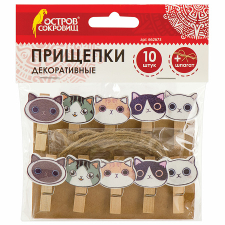 Прищепки декоративные "Котики", 10 штук, 3,5 см, ассорти, со шпагатом, ОСТРОВ СОКРОВИЩ, 662673 - Прищепки для творчества