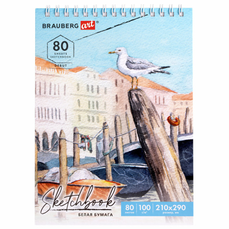Скетчбук, белая бумага 100 г/м2, 210х290 мм, 80 л., гребень, твердая обложка, BRAUBERG ART DEBUT, 112987 - Альбомы, скетчбуки и бумага для графики и эскизов