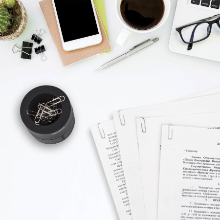 Скрепочница магнитная BRAUBERG с 30 скрепками, большой бочонок, черная, 225191 - Диспенсеры для скрепок