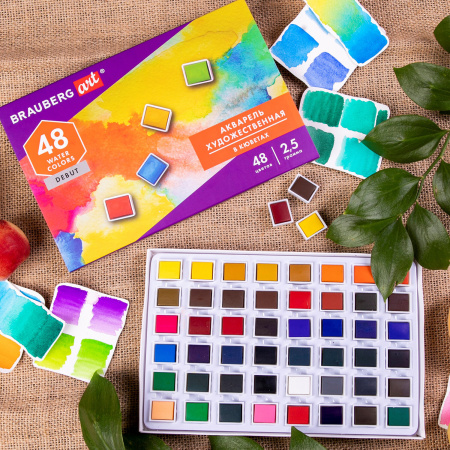 Акварель художественная в кюветах НАБОР 48 цветов по 2,5 г, BRAUBERG ART DEBUT, 191780 - Акварель художественная в наборах