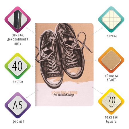 Тетрадь 40 л. в клетку обложка КРАФТ, бежевая бумага 70 г/м2, сшивка, А5 (147х210 мм), SNEAKERS, BRAUBERG, 403759 - Тетради 40-48 листов
