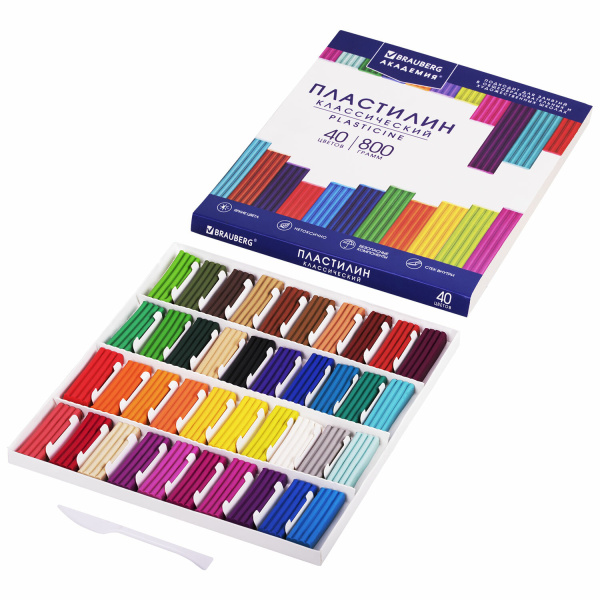 Пластилин классический BRAUBERG "АКАДЕМИЯ КЛАССИЧЕСКАЯ", 40 цветов, 800 г, СТЕК, ВЫСШЕЕ КАЧЕСТВО, 106512 - Пластилин