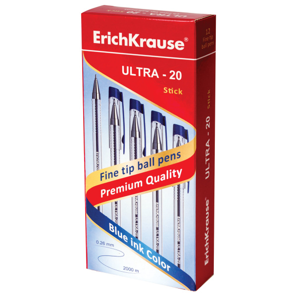 Ручка шариковая масляная ERICH KRAUSE "Ultra-20", СИНЯЯ, корпус прозрачный, узел 0,7 мм, линия письма 0,26 мм, 13875 - Ручки шариковые неавтоматические