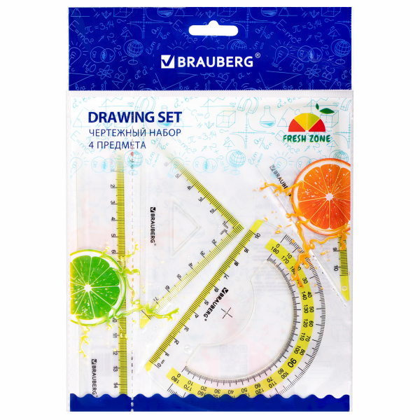 Набор чертежный малый BRAUBERG "FRESH ZONE" (линейка 15 см, 2 треугольника, транспортир), желтая шкала, 210762 - Наборы чертежные