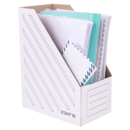 Лоток вертикальный для бумаг (260х320 мм), увеличенная ширина 150 мм, до 1400 листов, микрогофрокартон, STAFF, БЕЛЫЙ, 128884 - Накопители документов