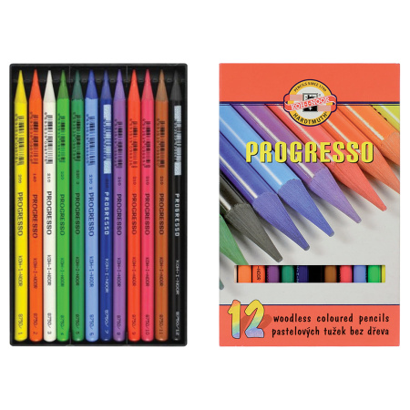 Карандаши цветные художественные KOH-I-NOOR "Progresso", 12 цветов, 7,1 мм, в лаке, без дерева, заточенные, 8756012007PZ - Карандаши цветные и акварельные профессиональные