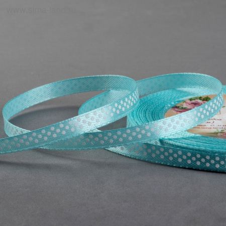 Лента атласная голубая в белый горошек №11, ширина 6 мм
