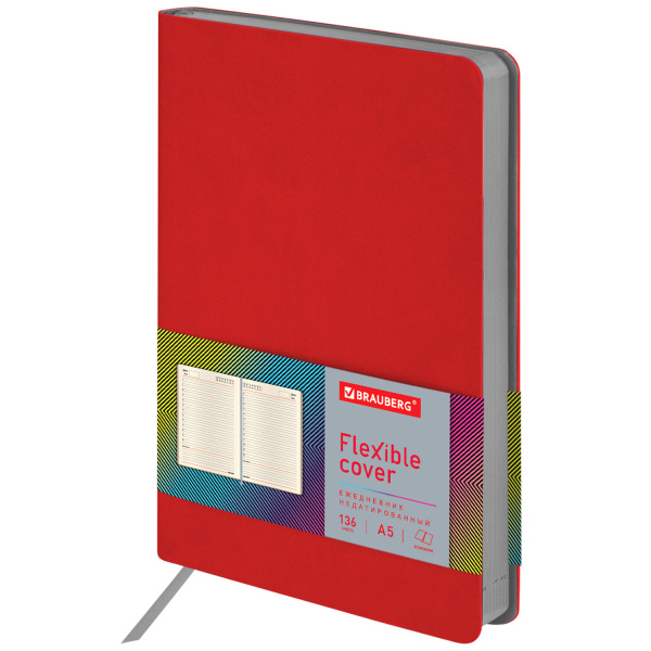 Ежедневник недатированный А5 138х213 мм BRAUBERG "Flex" под кожу, гибкий, 136 л., красный, 111679