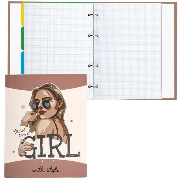 Тетрадь на кольцах А5 (175х215 мм), 240 листов, твердый картон, клетка, с разделителями, BRAUBERG, Cool Girl, 404100 - Тетради на кольцах и сменные блоки к ним