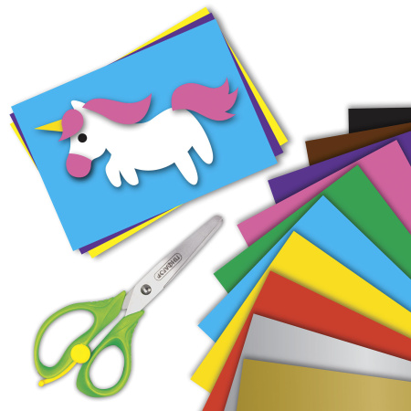 Цветная бумага А4 2-сторонняя офсетная ВОЛШЕБНАЯ, 16 листов 10 цветов, на скобе, BRAUBERG, 200х275 мм, "Единорог", 129922 - Цветная бумага